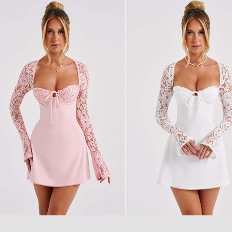 Y2K  Lace Long Sleeve Dress Fashion Sexy Corset Backless Lace Up Short Dresses Womens Clothing